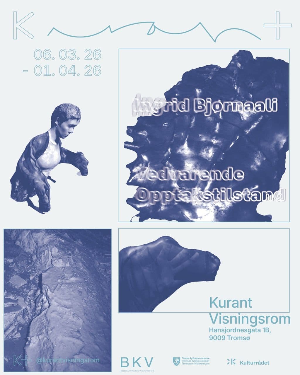An event poster for Ingrid Bjornaali "Vedvarende Opptakstilstand" at Kurant Visningsrom, showing blue-tinted figures and textures, dates, and venue information.
