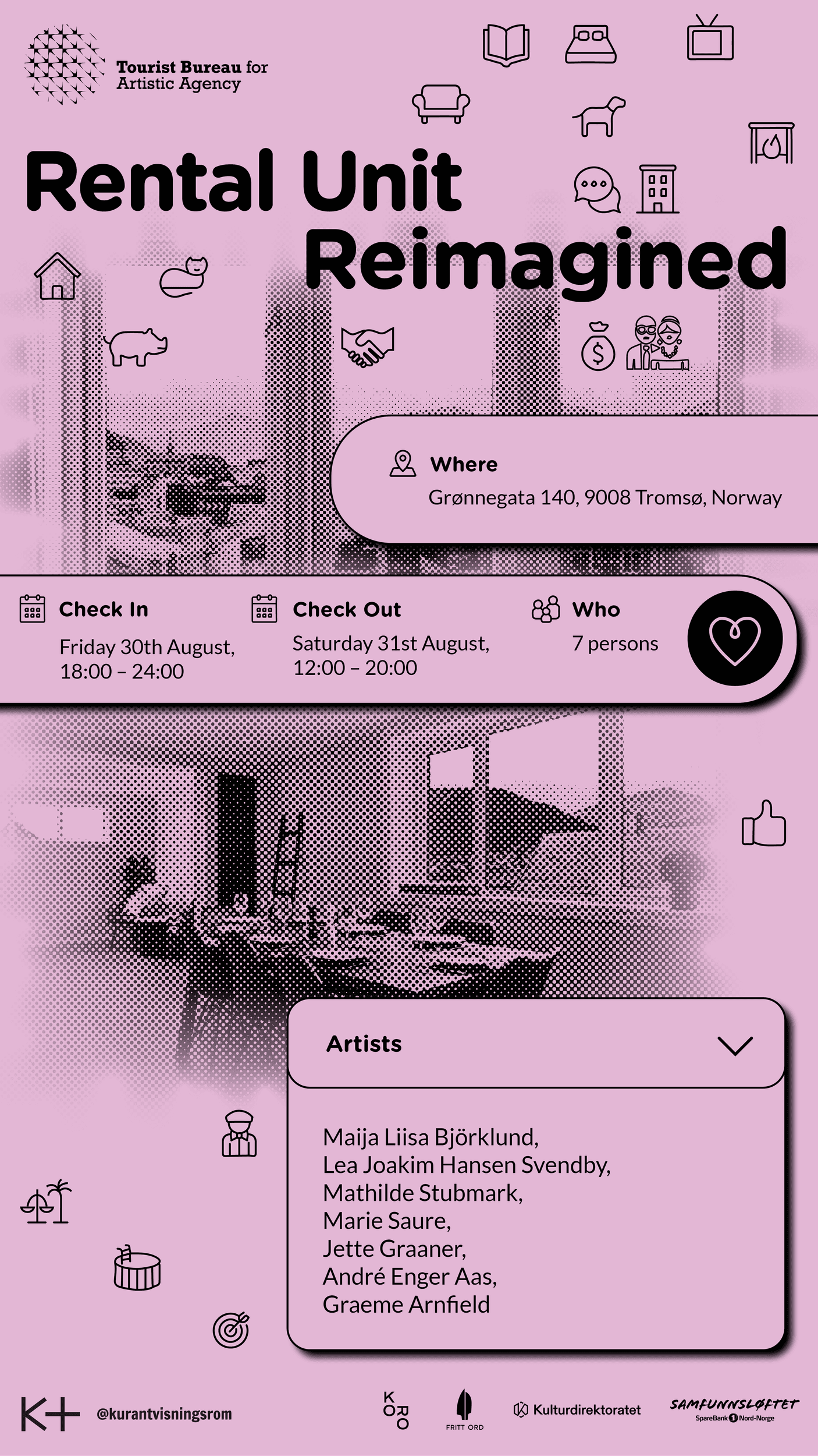 Event flyer for "Rental Unit Reimagined" at Grønnegata 140, Tromsø, featuring check-in and check-out details, event dates, and a list of seven participating artists.