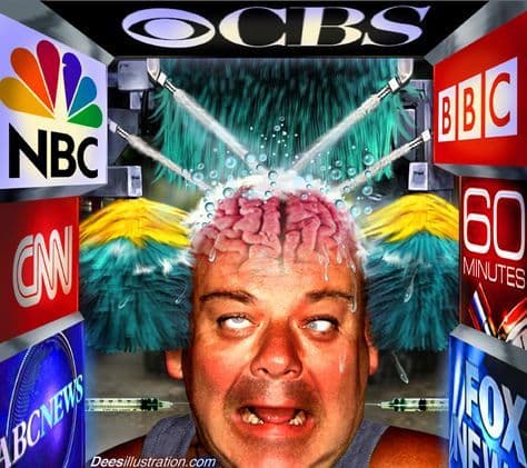 A man with an exposed brain receives a car wash, surrounded by logos for CBS, NBC, BBC, CNN, 60 Minutes, ABC News, and Fox News.