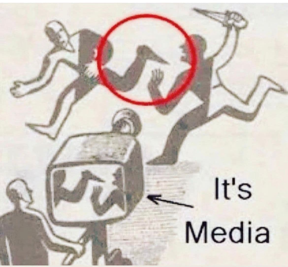 A black-and-white illustration shows a camera filming a man stabbing another, with a red circle highlighting the action and text reading "It's Media."